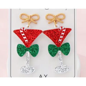 Christmas Cocktail Dangle Earrings on a Gold Bow